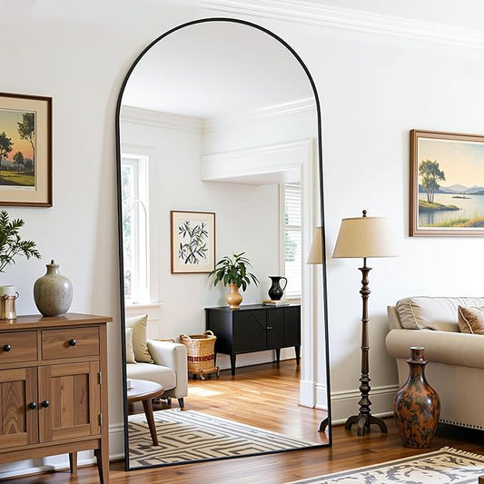 Full Length Mirror, 78"x38" Oversized Floor Mirror Freestanding, Full Body Mirror Floor Standing Mirrors with Stand, Hanging Mounted Mirrors for Bedroom Living Room, Black, Arched Style