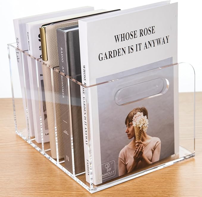 5 Vertical Compartments Clear Acrylic Desk Document Organizer & Storage Bins for Magazines, Binders, Notebooks, and Envelopes - Multipurpose Home Office Organizer - Innovative handle design