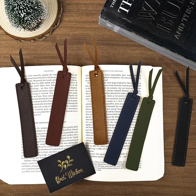 Leather Bookmark, 6 Pcs Classic Style Bookmark for Men, 0.05 Inches Thin Handmade Stitched Book Mark, Page Markers Reading Gifts for Book Lovers and School Students (Dark Retro)