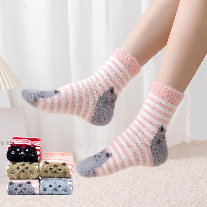 ICEIVY 5 Pair Fuzzy Cozy Socks for Women - Warm Comfy Soft Casual Home Sleep Winter Wool Socks - Gifts for Women