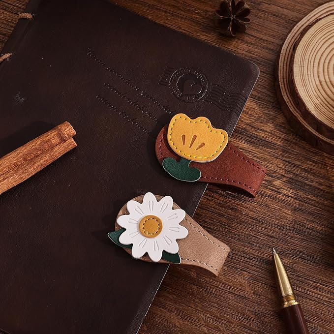 2PCS Vintage Magnetic Leather Bookmark, Leather Magnetic Bookmarks for Women, Magnetic PU Bookmarks Clip Book Accessories, Daisy & Tulip