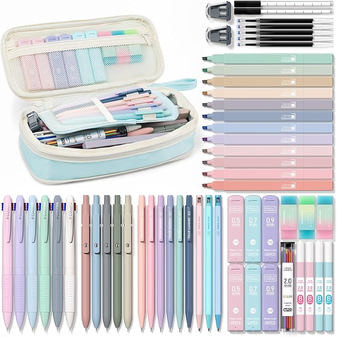 Four Candies 56 PCS Aesthetic School Supplies with Cute Pencil Case, 6 Multicolor Pen, 12 Pastel Highlighters, 5 Gel Pens Black Ink, 9 Mechanical Pencils for Student Stationary Set Preppy Stuff (Blue)