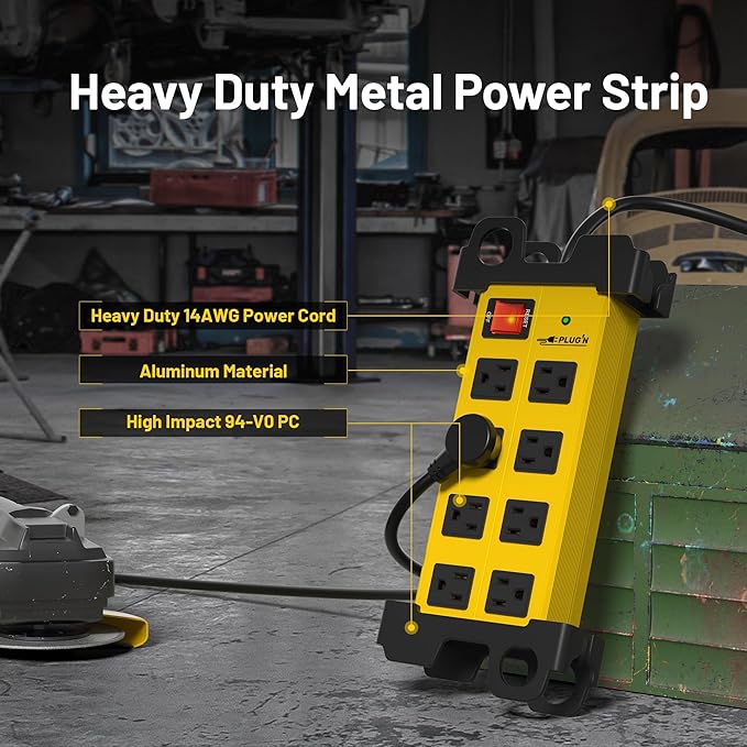 Plug'n 8 Outlet Heavy Duty Power Strip,Wide Spacing,Workshop Surge Protector 2700J with 6FT Extension Cord,Industrial Metal Power Strip 15Amp,Yellow Wall Mount Power for Garage,Office