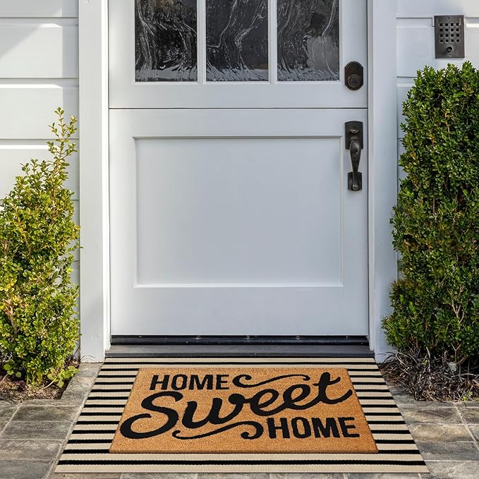 KIMODE Front Door Mats 24"x35", Reversible Washable Farmhouse Front Porch Rug Decor, Striped Layered Door Mats Outdoor, Black and Khaki Cotton Hand Woven Rugs for Entryway,Kitchen,Bathroom