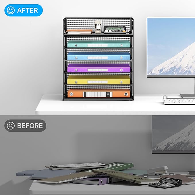 6 Tray Paper Organizer Letter Tray with Handle - Mesh Desk File Organizer, Paper Sorter Organizer for Office, Home or School File Folder Holder -Black