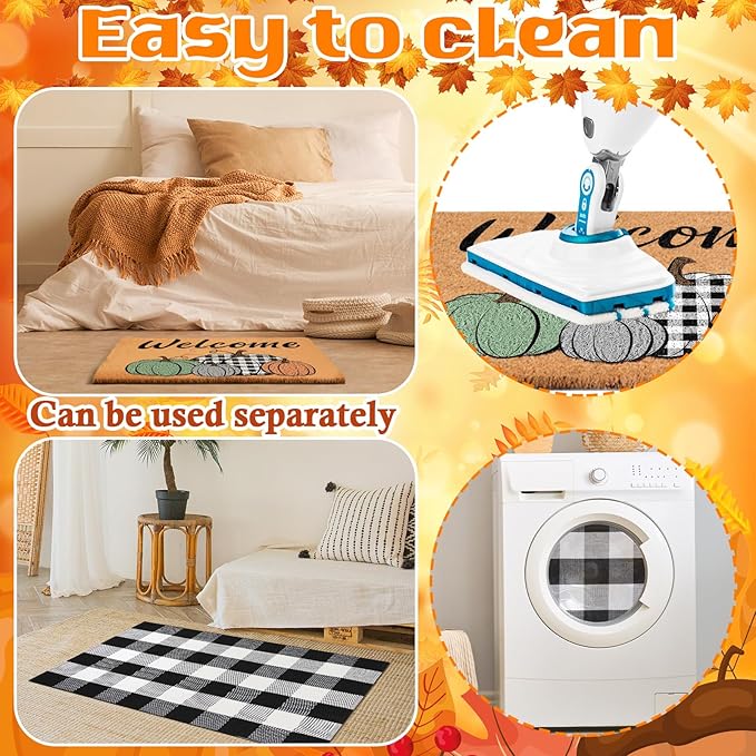 2 Pcs Thanksgiving Coir Doormat Outdoor Fall Pumpkin Welcome Outdoor Rugs for Layered Buffalo Black White Plaid Mats for Autumn Fall Front Door Porch Entryway Decor