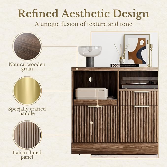 3 Drawer File Cabinet, Fluted Wood Lateral Filing Cabinet with Charging Station for Home Office, Fits for A4/Letter-Sized Files, Printer Stand with Open Storage Shelves, Black Walnut