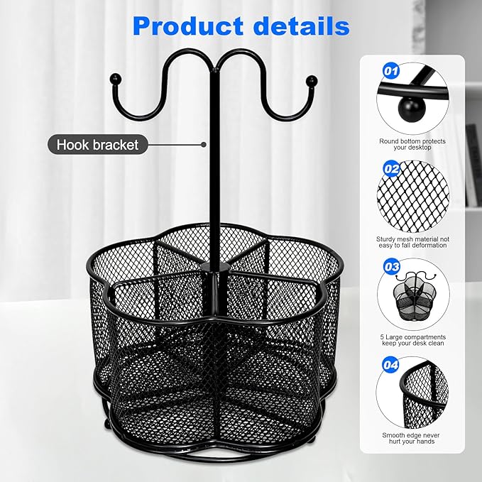 360 Degree Rotate Pen Holder for Desk Mesh Desk Pen Organizer Pencil Holder Large Capacity Accessories & Workspace Organizers for School,Home (Black, With hook)