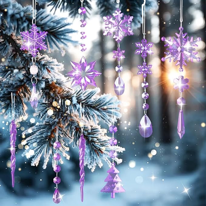 Lanpn 22pcs Christmas Ornaments Crystal Christmas Tree Decoration, Hanging Clear Acrylic Snowflake Icicle Drop Crystal Pendants for Xmas Tree Winter New Year Outdoor Indoor Party Decoration (Purple)