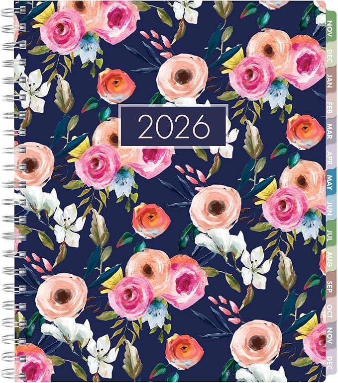 Essential PRO 2026 Daily, Weekly & Monthly Planner, 8.5"x11": 14 Months (Nov 2025 - Dec 2026) Monthly Tabs,Daily Tracking,Notes Pages,Storage Pocket,Bookmark w Sticky Notes (Small Navy Floral)