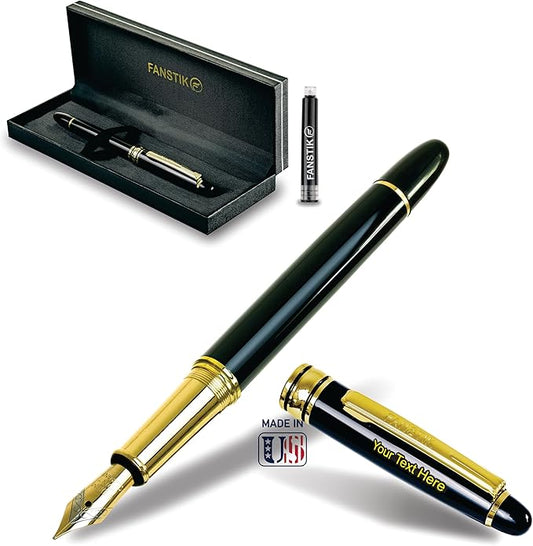Customized Fountain pen with name (MADE IN USA), stainless steel, black and gold, luxury engraved pen personalized for men and for women. (Fountain Black-Gold)