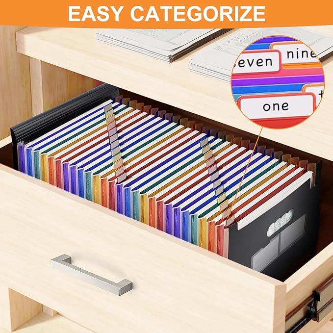 Accordion File Organizer, 24 Pockets Expanding File Folders, Portable Letter A4 Size Filing Box with Colored Labels and Expandable Cover, Monthly Bill Receipt Documents Organizer Black