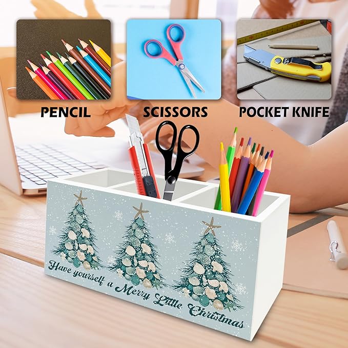 Coastal Beach Christmas Pen Pencil Holder Organizer for Desk, Christmas Seashell Starfish Tree Holiday Wooden Box Signs Decorations for Home Office Desk Tabletop, Beach House Decor