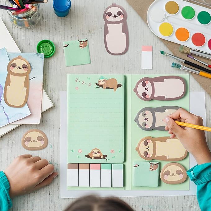 Xqumoi I Just Really Like Sloths Sticky Notes Set, 550 Sheets, Cute Cartoon Sloths Self-Stick Notes Pads Animal Divider Tabs Bundle Writing Memo Pads Back to School Office Supplies Small Gift