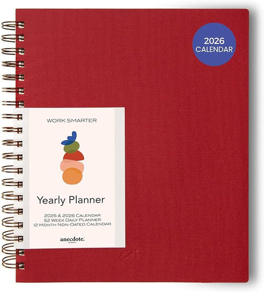 Anecdote 2026 Planner (8.5" x 10") Daily Planner Weekly Monthly Planner - 52 Weeks w/Library Buckram Cover, Brass Spiral - A4 Size Bleed-Resistant Paper – Red