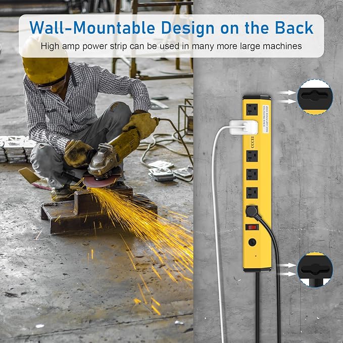 CCCEI Heavy Duty Power Strip Surge Protector 20 Amp, High Amp Industrial Shop Garage Metal Multiple Outlets, 10 FT Yellow Jacket 12 Gauge 5-15P Extension Cord 6 Outlet 6-20R T-Slot 20a for Appliance