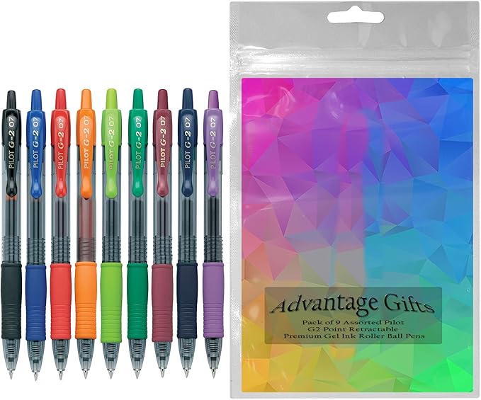 G2 Retractable Premium Gel Ink Roller Ball Pens Fine Point Fine Point (.7mm) Assorted Colors Ink 9-pk; Refillable & Premium Comfort Grip Bundle with Plastic Reusable Pouch