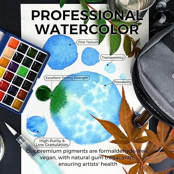 Funto Mini Watercolor Paint Set, All-In-One 24-Color Travel Paint Kit, with Crossbody Bag, Watercolor Journal, Paint Water Cup, Pocket Set for Artists