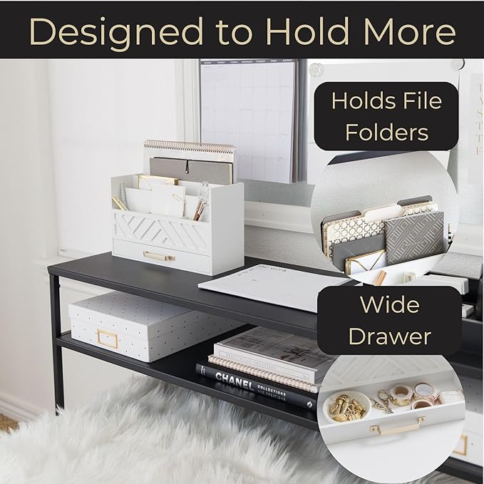 BLU MONACO White Wooden Mail Organizer with Drawer and Gold Handle – Desk Accessories for Office Organization and Storage – Home, Office, and Classroom Supplies