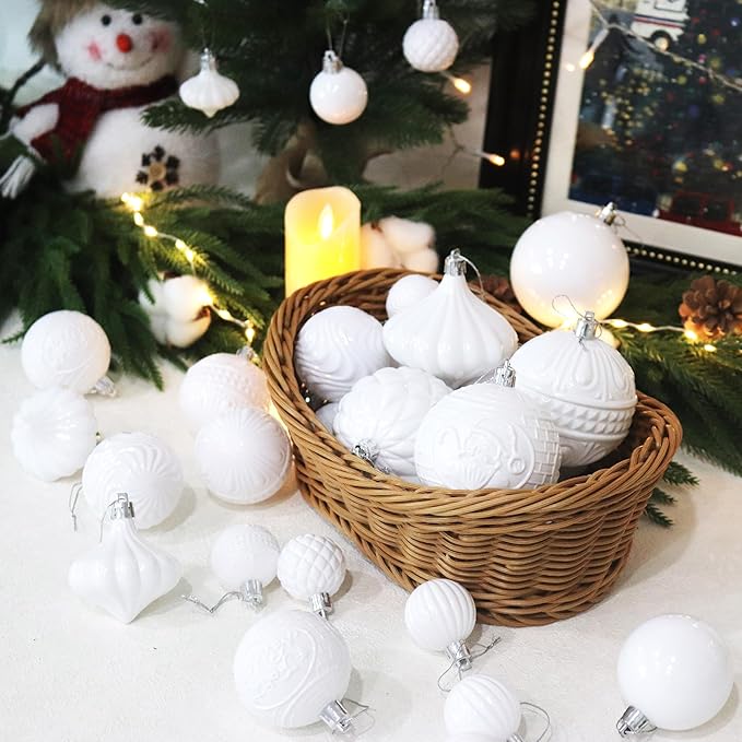 Senjie 36pcs Shatterproof Multi-Size Multi-Style White Christmas Ornaments