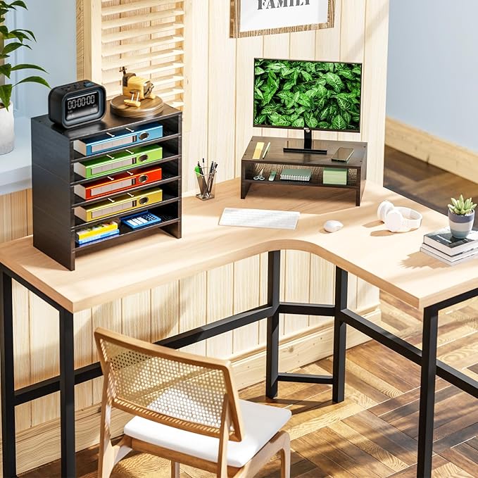 Simpple Trending Monitor Stand Riser, 2 Tier Wood Office Desk Storage Organizer for Laptop, Computer, Black