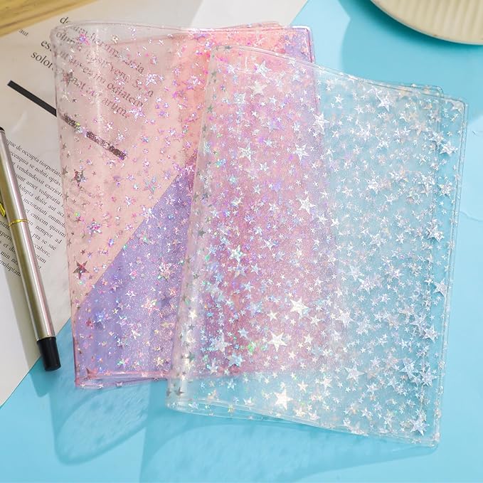 2 Pcs Glitter Star Jelly Cover for Planners and Notebooks Planner Protective Sleeve Glitter Star Cover for Week Planner Notebooks Journal(Transparent and Pink,B6)
