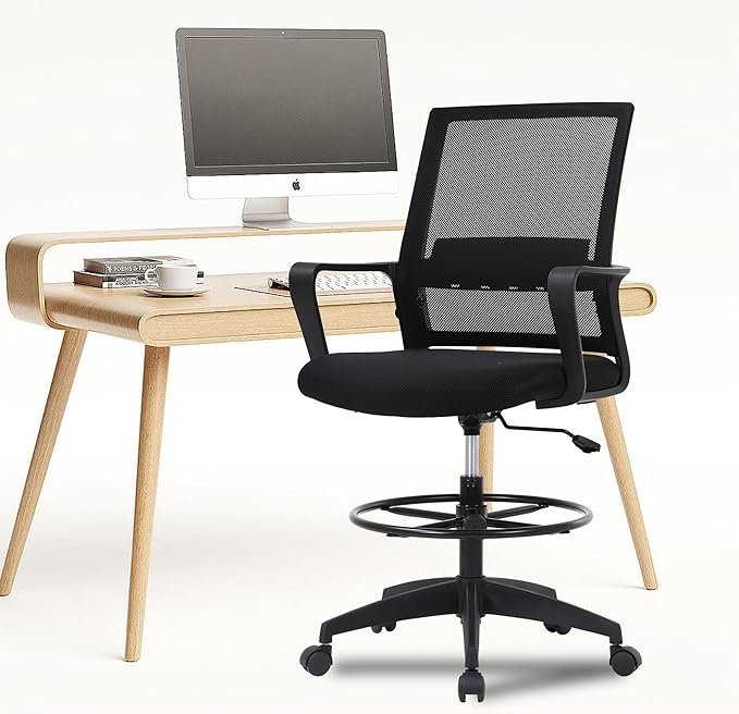 PayLessHere Drafting Chair Computer Standing Desk Chair Tall Office Chair with Lumbar Support Adjustable Foot Ring for Mesh Ergonomic Mid-Back Desk Chair (Black)