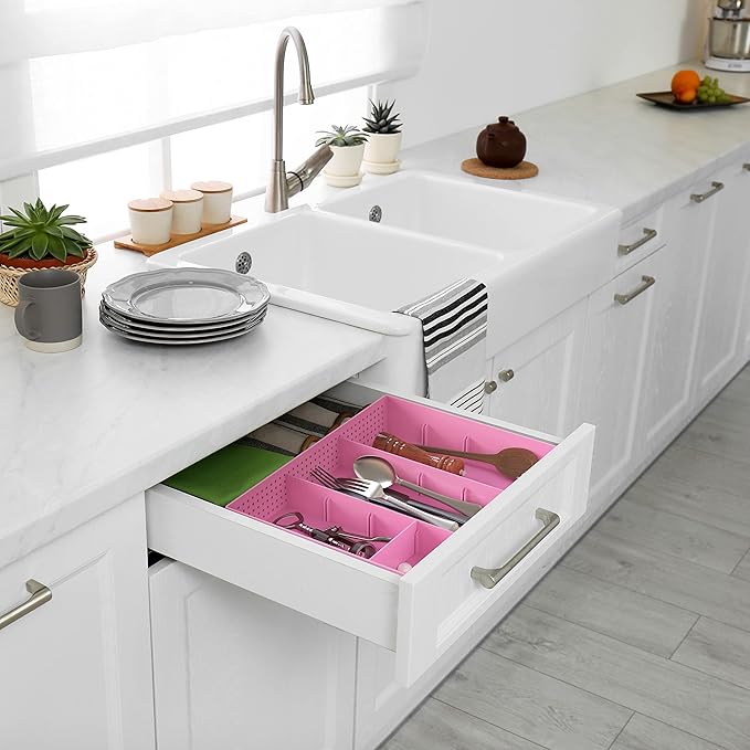 Simple Houseware Drawer Organizer Tray with 9 Adjustable Compartments, Pink