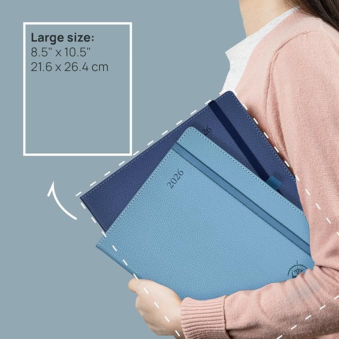 POPRUN 2026 Weekly & Monthly Planner Calendar, 8.5" x 10.5" Large, Horizontal Layout with Lined Sections, Jan. 2026 - Dec. 2026, Leather Hardcover, 100GSM Paper, Inner Pocket - Navy Blue