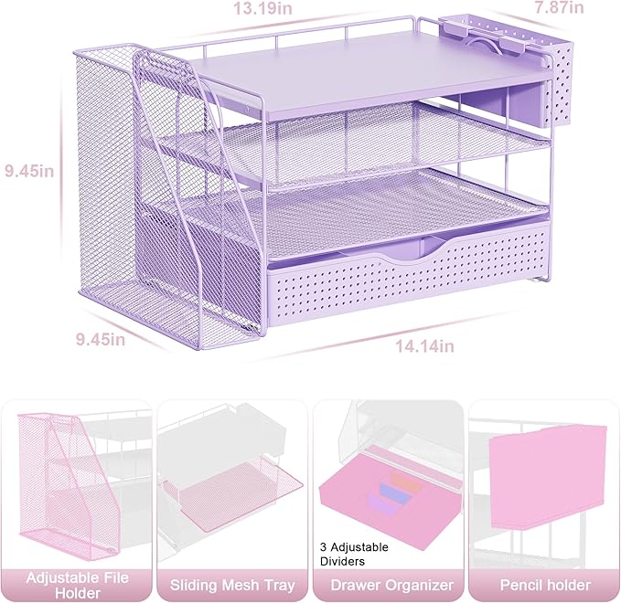 Wood Desk Organizers and Accessories with File Holder, 4-Tier Desk Accessories & Workspace Organizers with Drawer and Pen Holder, Paper Organizer for Office Supplies (Purple)