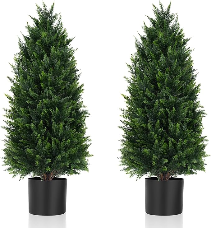 Artificial Topiary Cedar Trees, 2 Pack 3FT Artificial Cedar Pine Tree Potted UV Rated Plant Fake Plants Tall Artificial Plants Shrubs for Indoors Outdoors