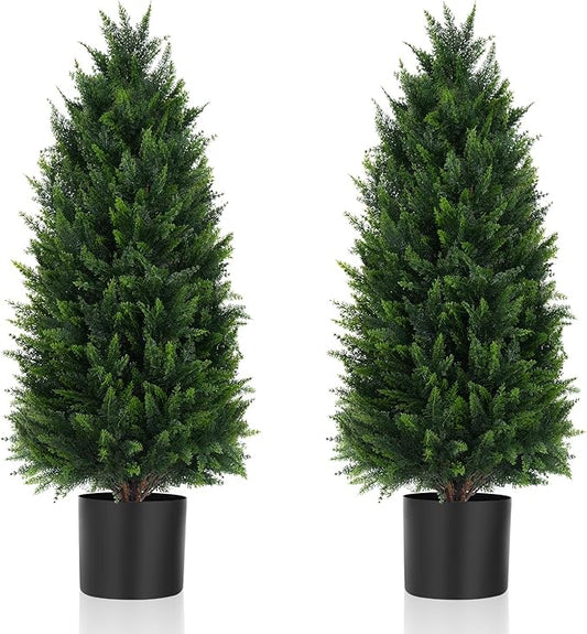 Artificial Topiary Cedar Trees, 2 Pack 3FT Artificial Cedar Pine Tree Potted UV Rated Plant Fake Plants Tall Artificial Plants Shrubs for Indoors Outdoors