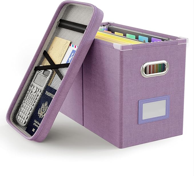 Oterri File Organizer with Lid, Hanging Filing Box with Mesh Pocket, Document Organizer for Letter Files, Portable Storage Box for Office & Home (1 PCS, Taro Purple)