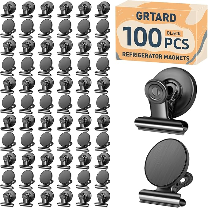 Grtard 100pack Magnetic Clips Heavy Duty, Black Magnet Clips for Fridge, Refrigerator Magnets, Scratch Free Magnets with Clip, Strong Magnetic Clip for Refrigerator, Whiteboard, Locker, Cruise