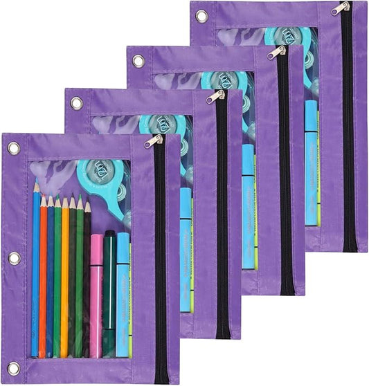 Binder Fabric Pencil Pouch 3-Ring Binder Pencil Case Bag with Zipper 4 Pack (purple)
