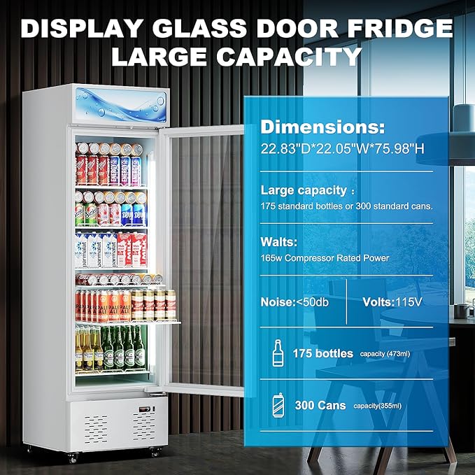 11 Cu.Ft Commercial Beverage Refrigerator Glass Door Drink Cooler with Soft Light and 5 Shelves, Display Refrigerator for Restaurant Store Cafe Bar, White