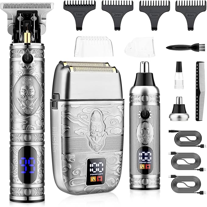 Professional Hair Trimmer Hair Clippers for Men, Nose Hair Trimmer Shaver Set,Cordless T-Blade Beard Trimmer Barber Clippers,Electric Razor Foil Shavers for Men Haircut Grooming Kit(Silver)