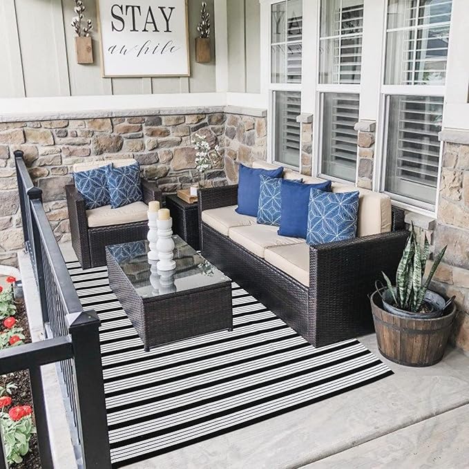 CAINANEL Black and White Striped Outdoor Rug 4' x 6' Front Porchr Mat Handwoven Cotton Indoor/Outdoor Rug for Layered Door Mats,Welcome Door Mat, Front Porch,Farmhouse,Entry Way