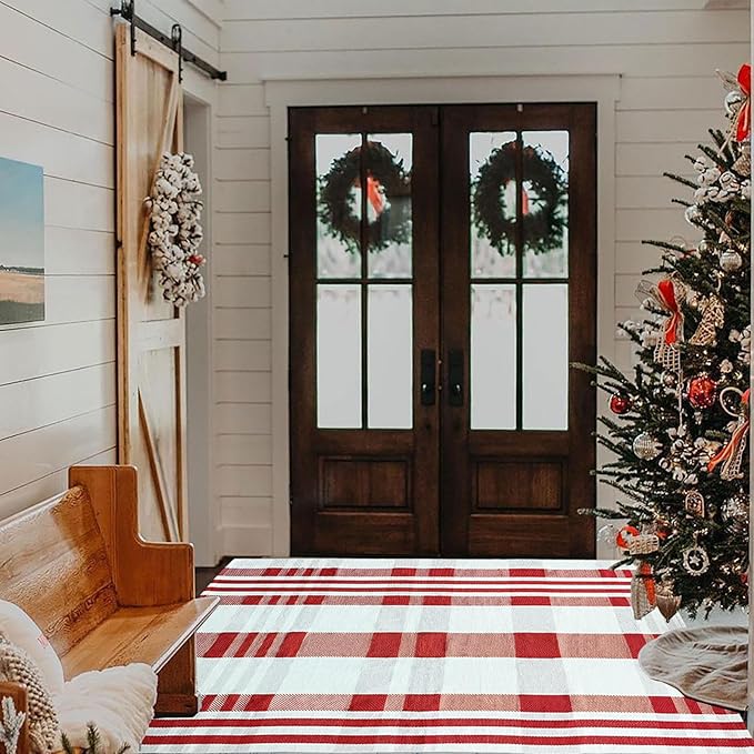 Christmas Plaid Outdoor Rug, 3' x 5' Red&White Check Indoor/Outdoor Area Rug, Layering Rug for Hello/Welcome Door Mat, Machine Washable Cotton Woven Rug for Farmhouse Front Porch, Entryway
