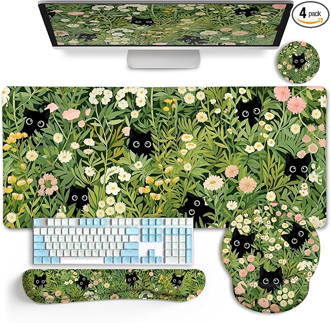 Cat Ergonomic Mouse Pad with Wrist Rest Desk Mat Set, Green Gaming Mouse Pad Wrist Support, Keyboard Mat Wrist Rest Cup Coaster Funny Office Decor