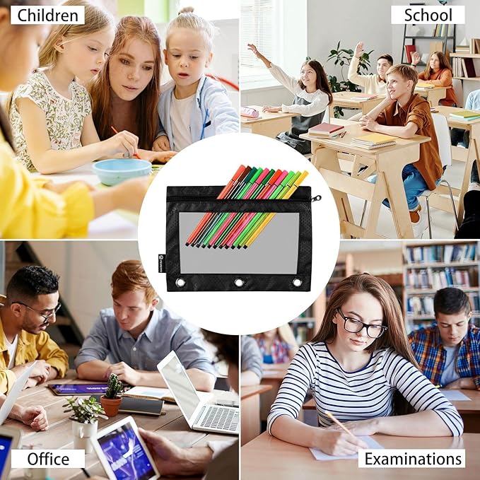 Gredecor Binder Pencil Pouch 3 Ring Black Zipper Pencil Pouches Case 2 Pack Clear Window Binder Organizer for School Office