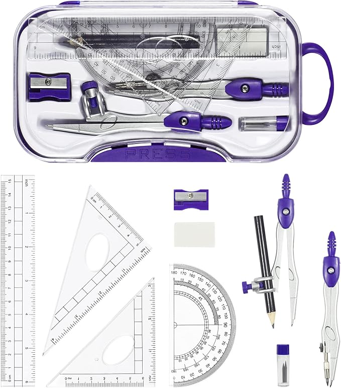 Math Geometry Kit Sets 10 Piece Student Supplies with Shatterproof Storage Box,Includes Rulers,Protractor,Compass,Eraser,Pencil Sharpener,Lead Refills,Pencil,for Drafting and Drawings（Purple）