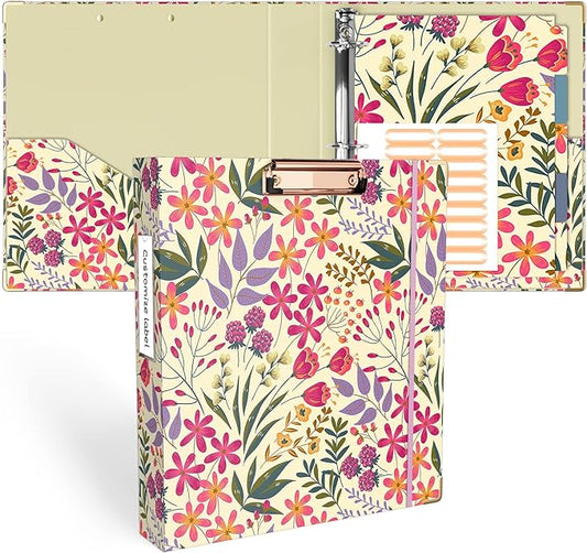 Ospelelf 3 Ring Binder 1.5 Inch, Cute Binder for Letter Size (11" x 8.5") with 5 Tab Dividers, File Folder Labels and Low Profile Clipboards, Floral Binder for School Supplies and Office Supplies