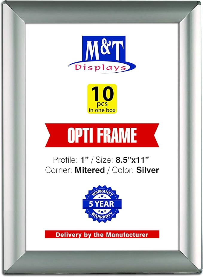 DisplaysMarket 8.5x11 Snap Frame for Wall Mount, Opti Frame, 1 inch Profile- Silver, 10