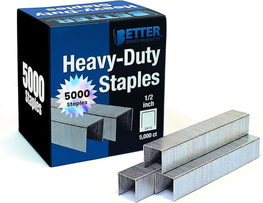 Better Office Products 5,000 Count Heavy Duty Staples, 23/13, 1/2-inch Staples, 100/Strip, Chisel Point Tips, High Capacity,