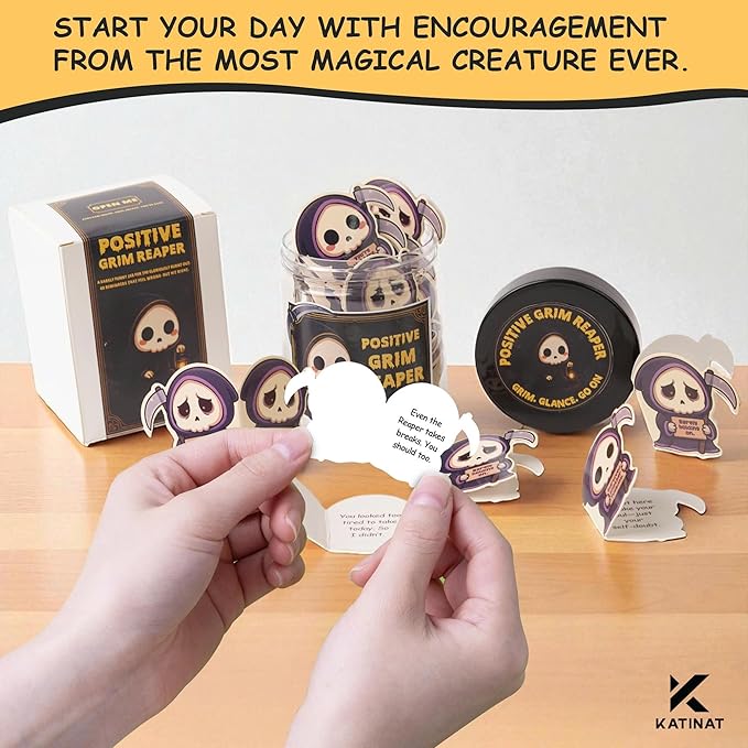 Positive Grim Reaper Jar, 60 Dark Humor, Funny, Affirmation Cards for Stress Relief & Motivation, Halloween Gifts for Friends, Coworkers, Women & Men – Quirky Birthday Gifts, Office, Secret Santa