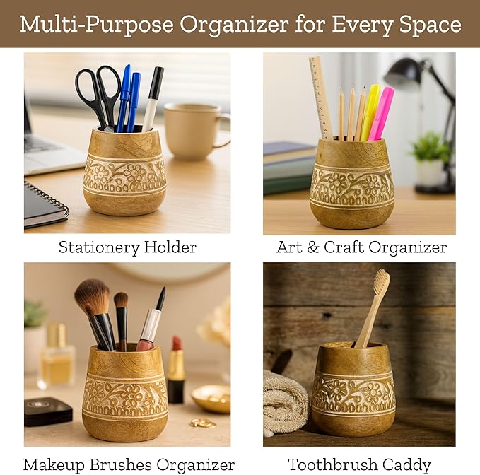 Mie Creations Designer Pencil Holder for Desk Wood | Paintbrush Holder Cup, Desk Accessories, Cute Make Up Brush Organizers | Office Desktop, Wooden Pen Stand | Stationary, Art Supplies | White-4''