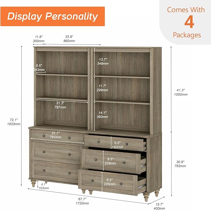 WAMPAT 3 Tier Bookshelf with 6 Wooden Drawers, 72" Tall Large Farmhouse Display Bookcase with Open Book Shelves, Mid Century Style Bookshelves for Living Room, Bedroom, Study Room, Wash Grey (2PCS)