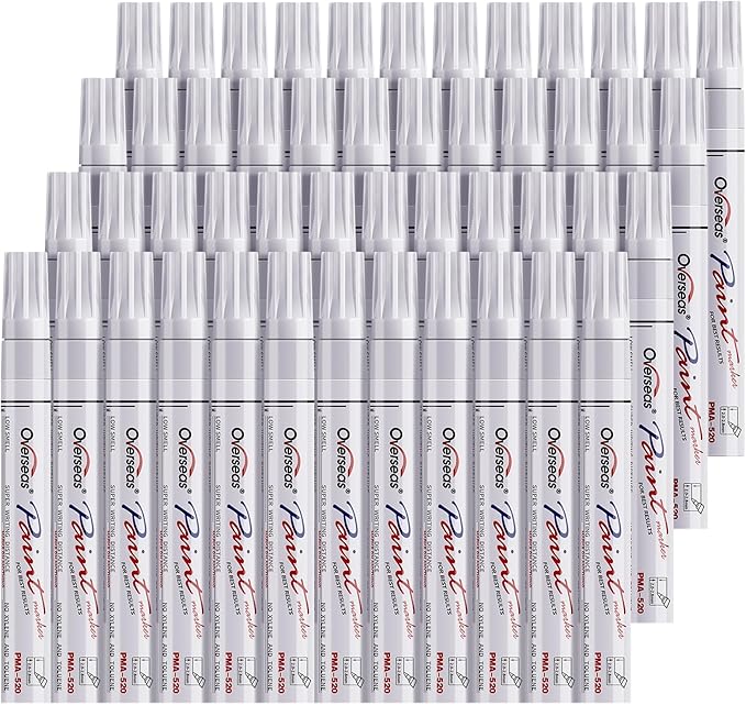 Overseas 48 White Paint Pens, Oil Based Permanent Markers Set - Quick Drying, Waterproof, Fade-Resistant, Medium Tip Paint Markers Bulk for Wood, Metal, Rock, Ceramic, Plastic, Canvas, Glass, Rubber