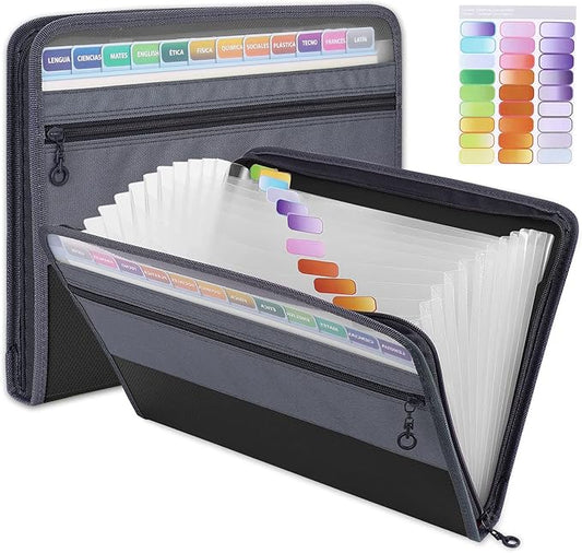 MEGREZ Expanding File Folder with 13 Pockets, A4 Paper File Folder with Zipper Color Labels, Waterproof Accordion File Folder Organizer for Home Office, Black